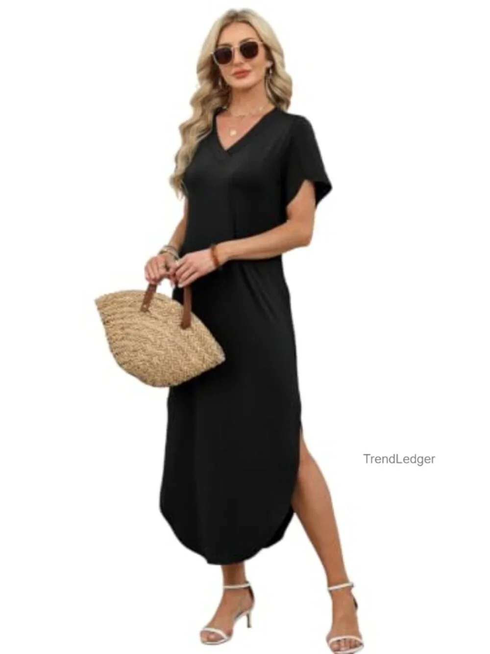 Short Sleeve Maxi Dress with Pockets Side Slit V Neck Sundress Beach Dress